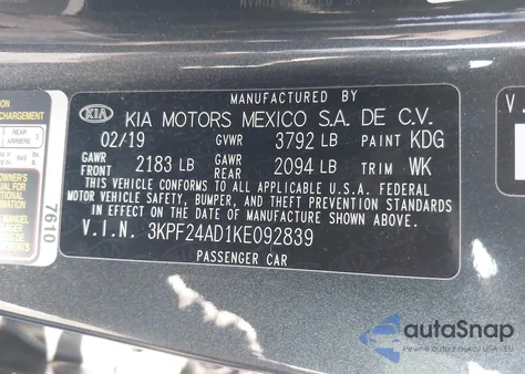 2019 Kia Forte Lxs from USA, damaged, VIN 3KPF24AD1KE092839